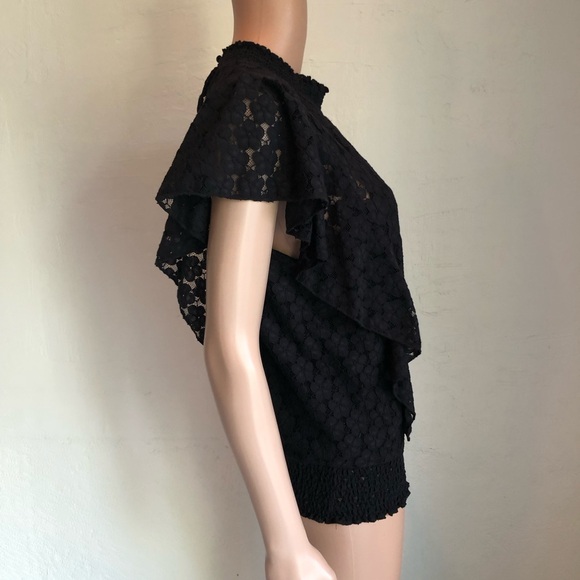 CeCe Black Laced High-Neck Peplum Top Women’s Size M Short Flare Sleeves Lining - Picture 3 of 16